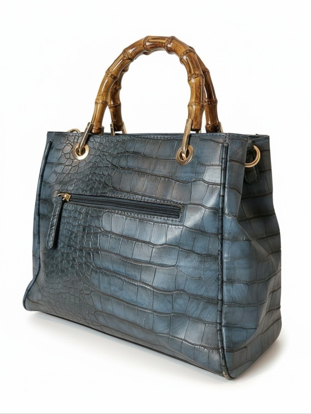 Croc-Embossed Blue Handbag with Bamboo-Style Handles